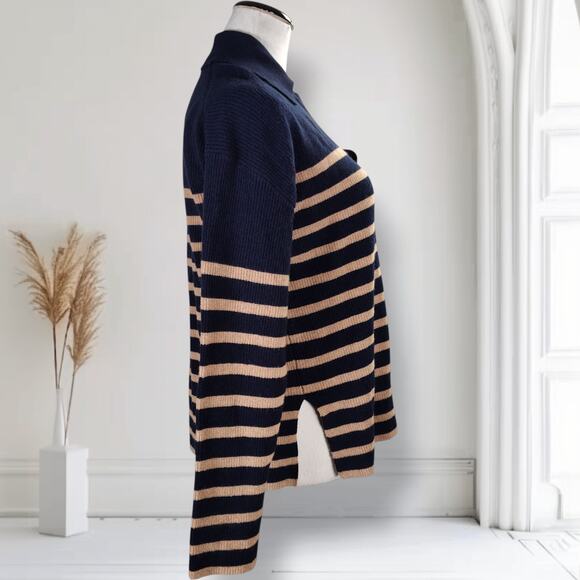 Rails Harris Merino Blend Sweater Size M Camel Navy Stripe Collared Neckline - Picture 2 of 12